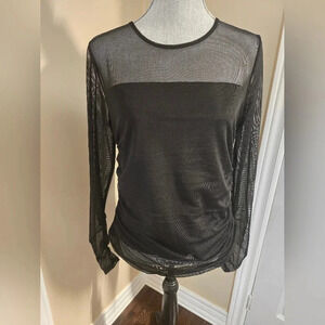 DKNY Mesh Sheer Top Gathered  Long Sleeve Lined Ruched Black size L